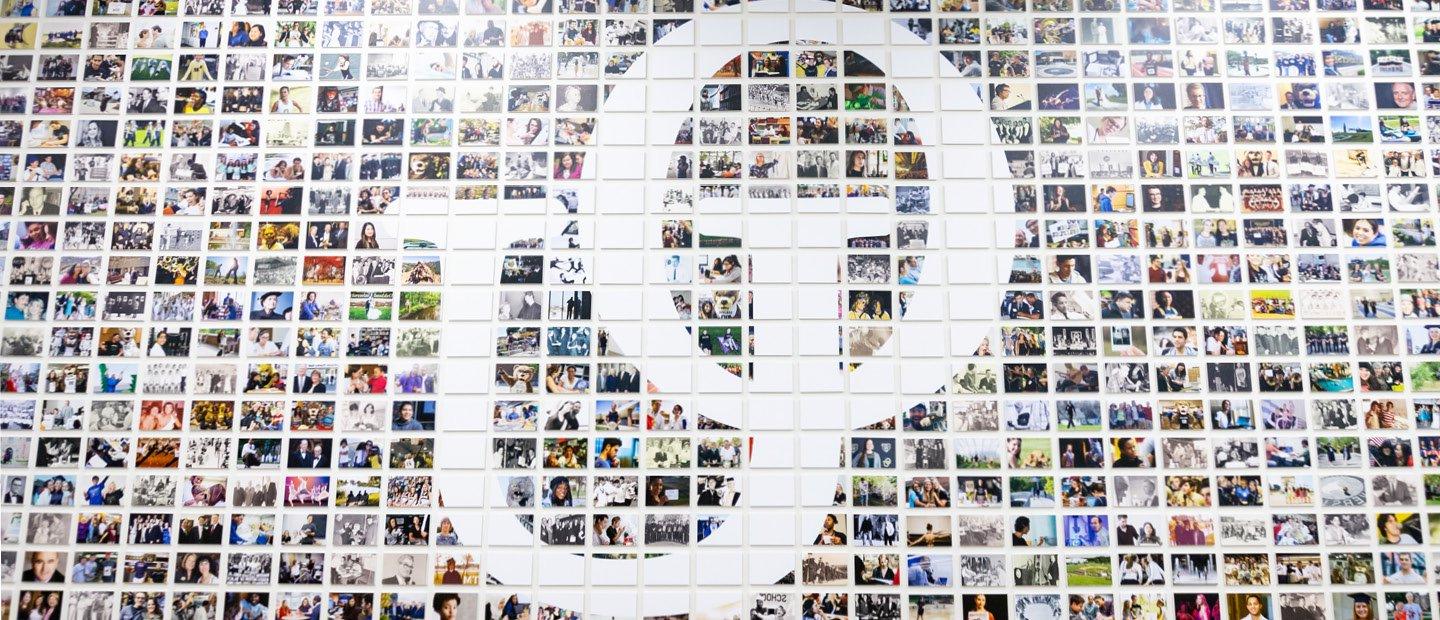 Mosaic of photo tiles with a white interlocking O U in the middle.